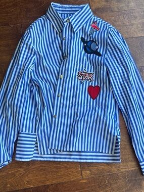 Blue & White Striped Patchwork Button-Up Shirt - size M
